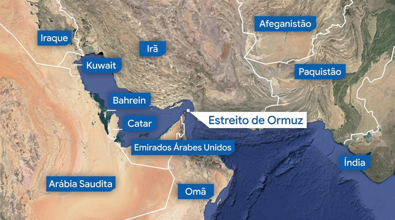 Mapa do Estreito de Ormuz bloqueado pelo Irã, rota estratégica de 20% do petróleo mundial