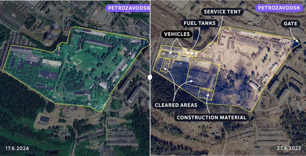 Como a Rússia transformou a Finlândia no membro da OTAN mais preparado para a guerra na Europa 2 Vista de satélite do quartel de Petrozavodsk mostra áreas desmatadas, materiais de construção e nova infraestrutura militar e