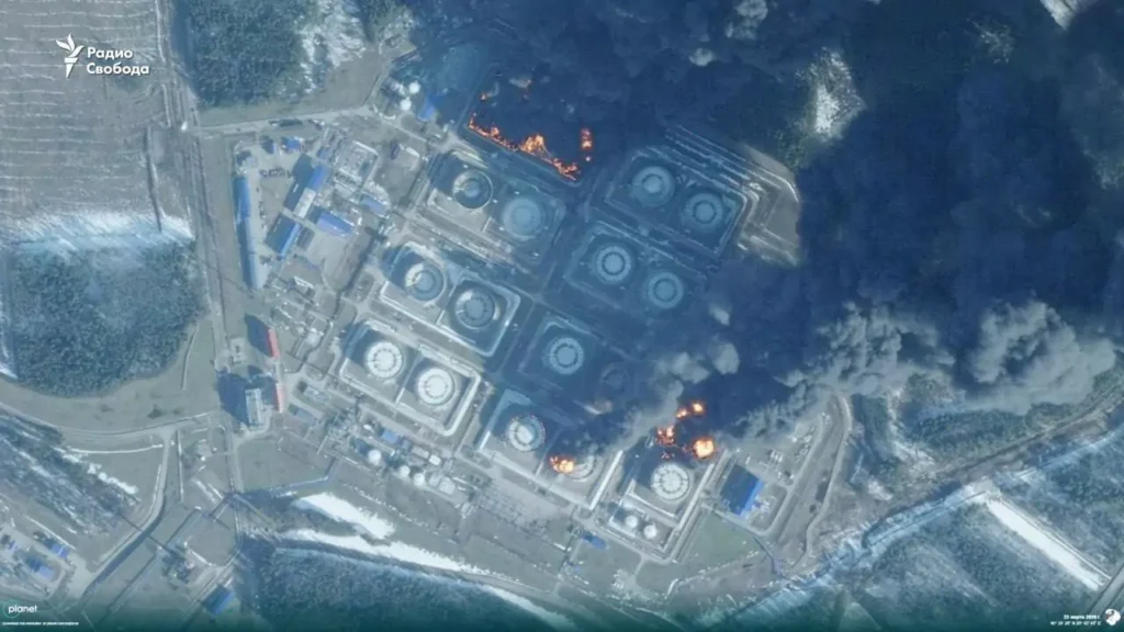 Terminal de petróleo danificado em Primorsk, na região de Leningrado / Foto: Radio Free Europe/Radio Liberty.