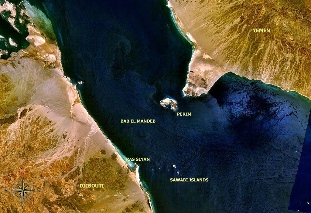 Após bloqueio de Ormuz, Irã ameaça fechar o segundo estreito mais importante do mundo 2 Fotografia aérea do Estreito de Bab-el-Mandeb.