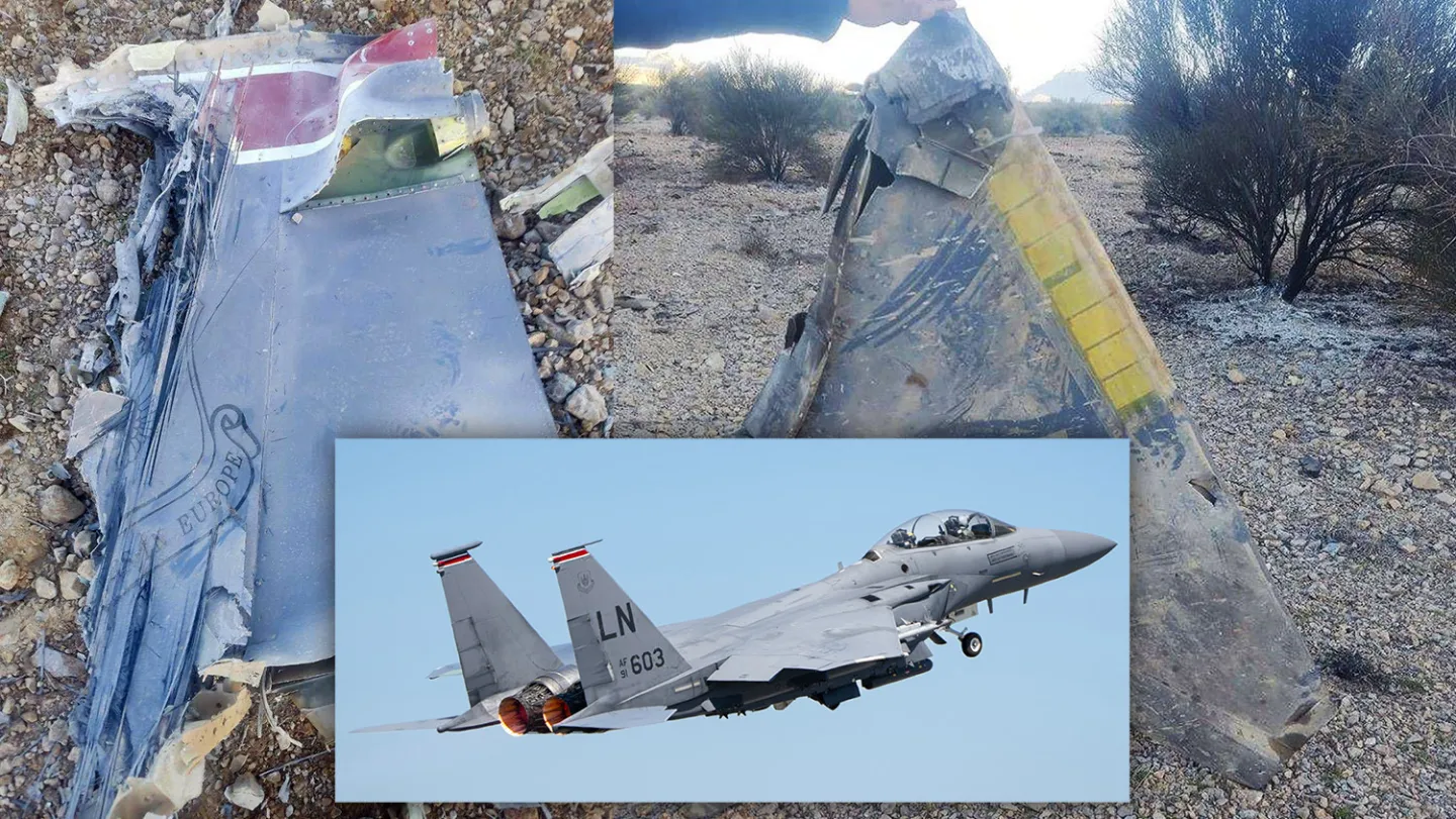 Ghost Murmur: a tecnologia secreta da CIA que encontrou o piloto pelo batimento cardíaco no Irã 2 Composição de imagens fornecida pela Mídia Estatal Iraniana onde é possível ver os destroços do F-15E abatido.