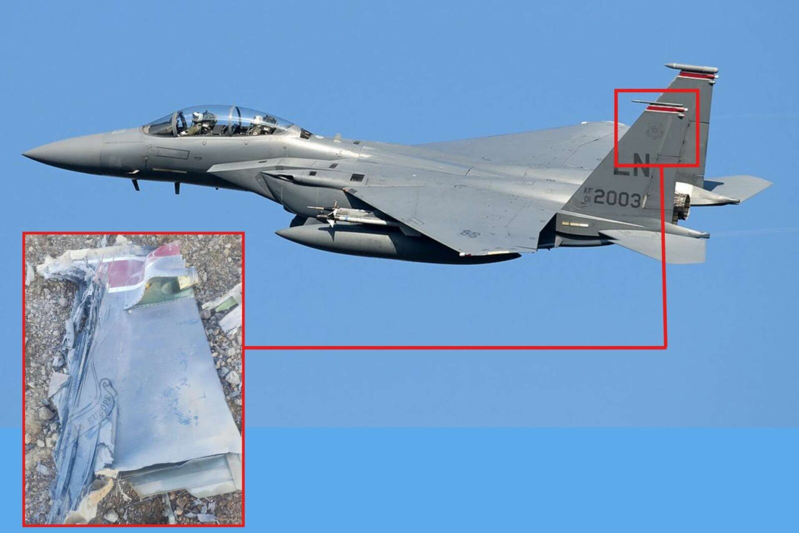 F-15 derrubado no Irã: o que acontece com o piloto atrás das linhas inimigas 2 Caça F-15E dos EUA foi abatido no Irã. No detalhe, uma foto dos destroços do avião encontrados em solo iraniano. Fonte: Força