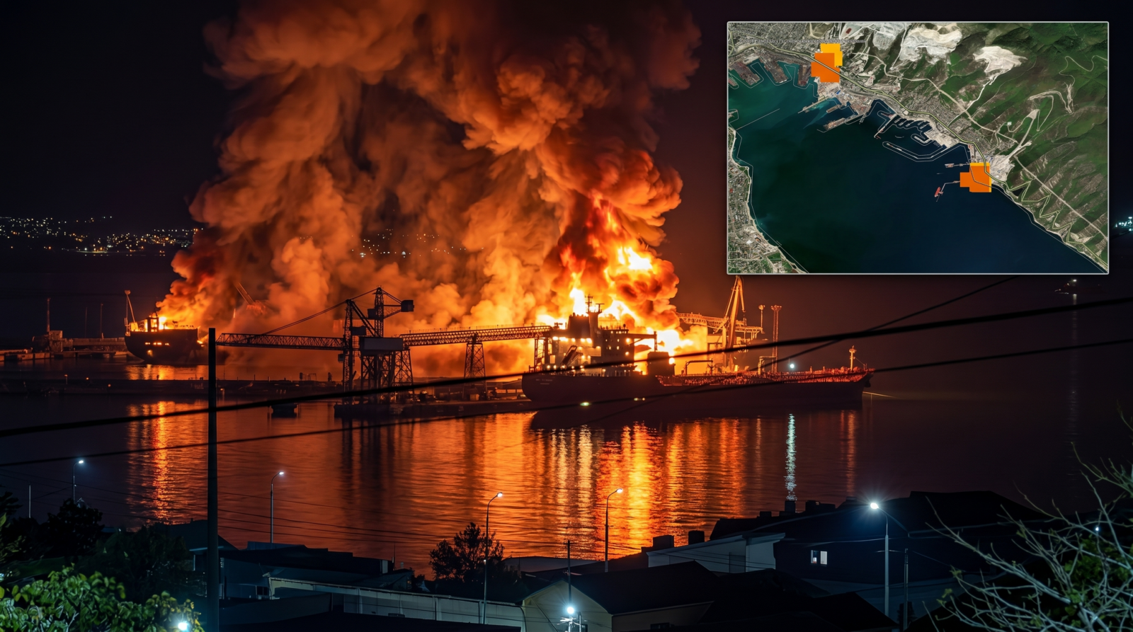 Ucrânia ataca a Rússia e o estrago foi tão grande que a NASA detectou do espaço 1 Terminal de petróleo Sheskharis na Rússia destruído após ataque ucraniano detectado pela NASA
