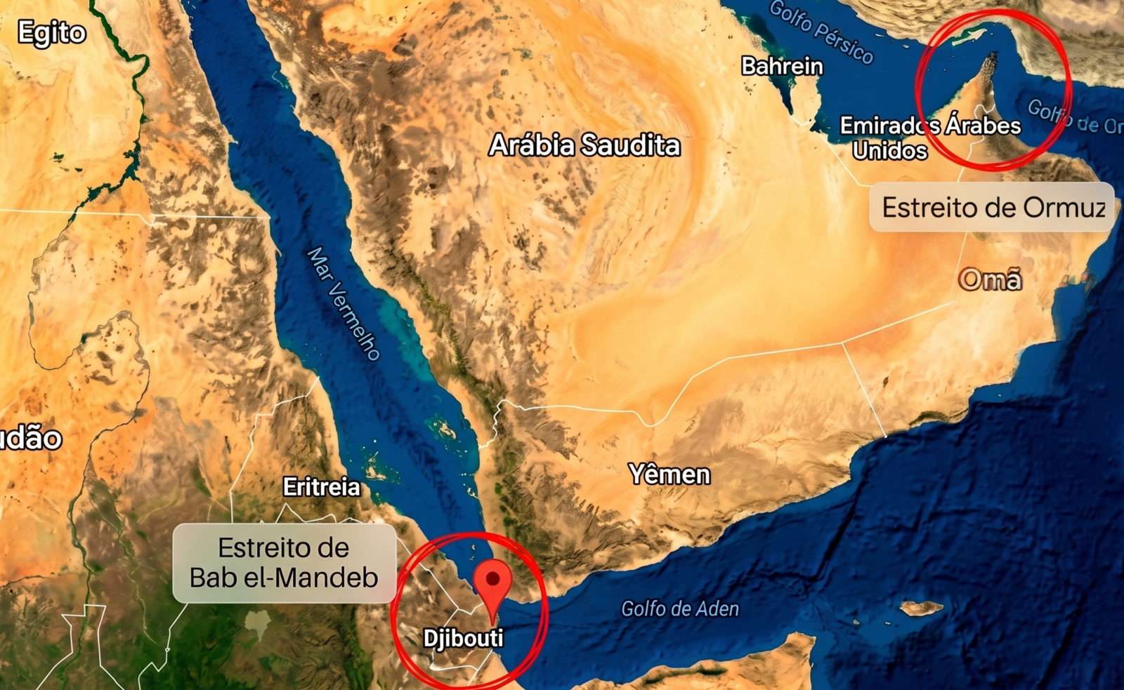Mapa do Estreito de Bab-el-Mandeb, passagem estratégica entre o Mar Vermelho e o Golfo de Áden