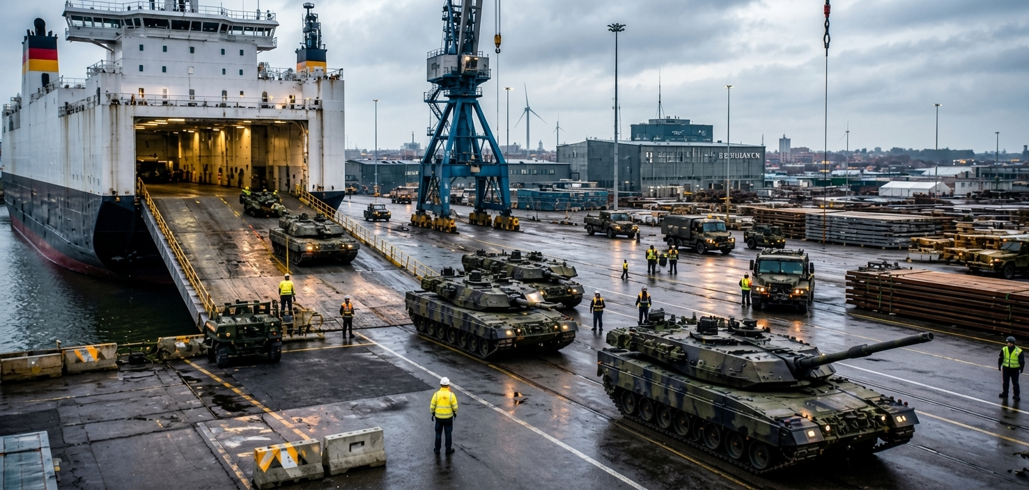 Porto de Bremerhaven, maior porto de carros da Europa, preparado para uso militar da OTAN