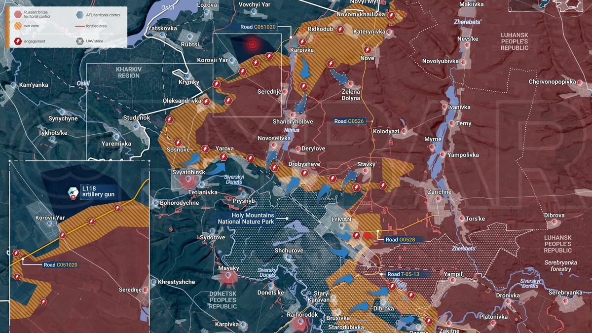 Ucrânia avança ao norte de Lyman e ameaça o abastecimento russo 1 Mapa: Rybar, situação até 23 de agosto de 2026.