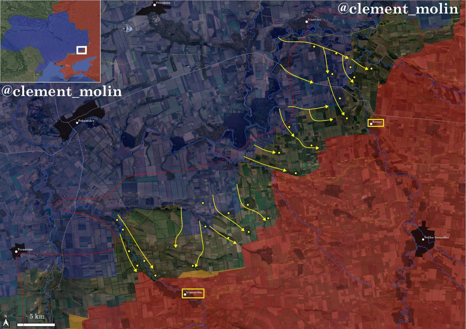 Ucrânia diz ter retomado 745 km² e 26 povoados em seis meses de ofensiva 2 Setor entre Pokrovske e Velyka Novosilka: em vermelho, o terreno sob controle russo; em azul, o lado ucraniano; a faixa verde