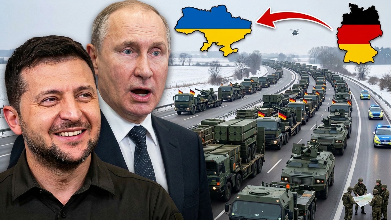 Drone que falhou em Leipzig faz a Alemanha abrir o próprio estoque de Patriot e ordenar tropas à fronteira da Bielorrússia 1 Montagem com Zelensky, Putin, comboio de blindados alemães na estrada e os mapas da Ucrânia e da Alemanha